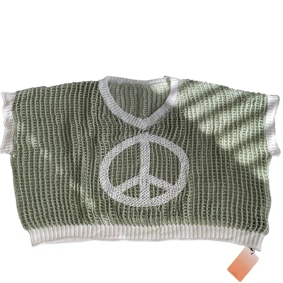 Open Crochet Oversized Peace Sign Shirt Women's Green Knit Top New w/ Tags Sz L - Picture 6 of 16